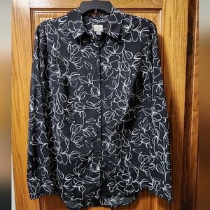 A New Day button blouse black floral shirt, sz: L